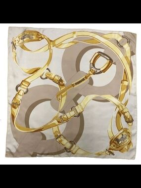 CELINE Paris Vintage Silk Scarf Equestrian Carriage Sulky Buckle Beige 86cm